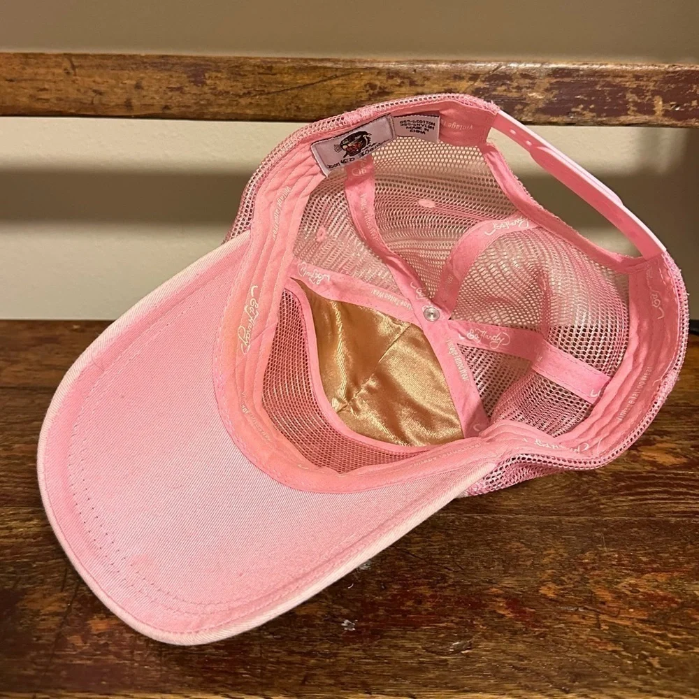 Vintage Ed Hardy Pink Tiger Trucker Baseball Hat Y2K 00s Embroidered Rhinestone